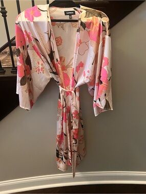 Express Satin Floral Kimono — Pink & Cream with Black Accents